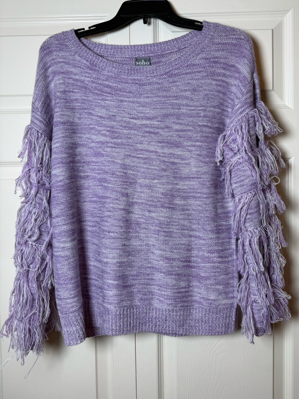 New York & Company Soho Sweater Purple Fringe Frayed Sleeve